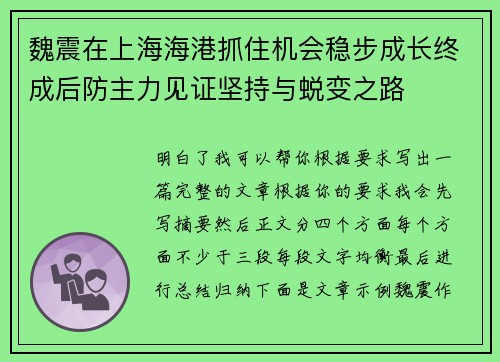 魏震在上海海港抓住机会稳步成长终成后防主力见证坚持与蜕变之路